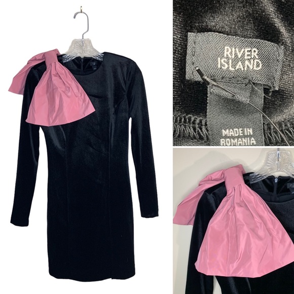 River Island black , velvet mini dress with pink bow. Size -4US - Picture 1 of 10